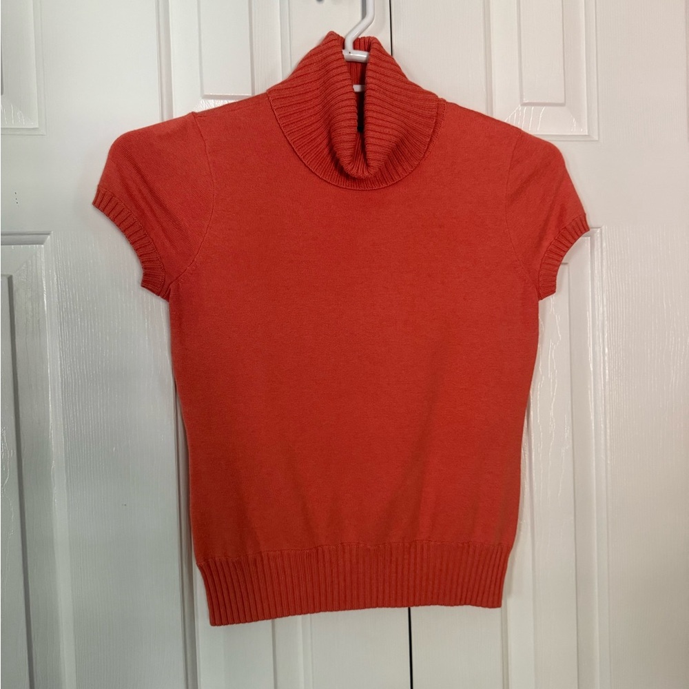 Per Se Cashmere Silk Blend Turtleneck Short Sleeve Orange Coral Sweater Small